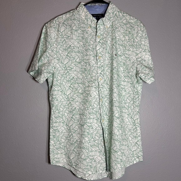 Tommy Hilfiger Custom Fit Leaf Print Button Up Shirt Short Sleeve L - Picture 1 of 6